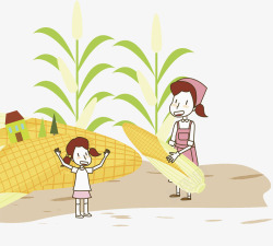 卡通玉米地卡通插图玉米地的农村妇女与孩子高清图片