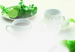 清新绿色柠檬品茶素材