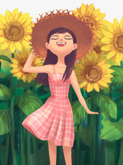 手绘人物插画夏日女孩与向日葵素材