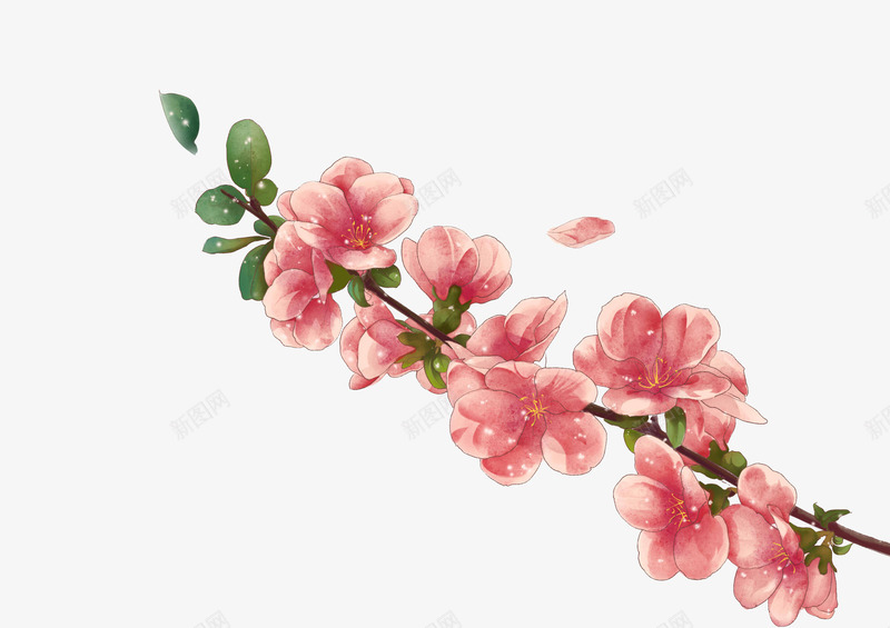 手绘桃花绿叶花枝png免抠素材_88icon https://88icon.com 桃花 绿叶 花枝