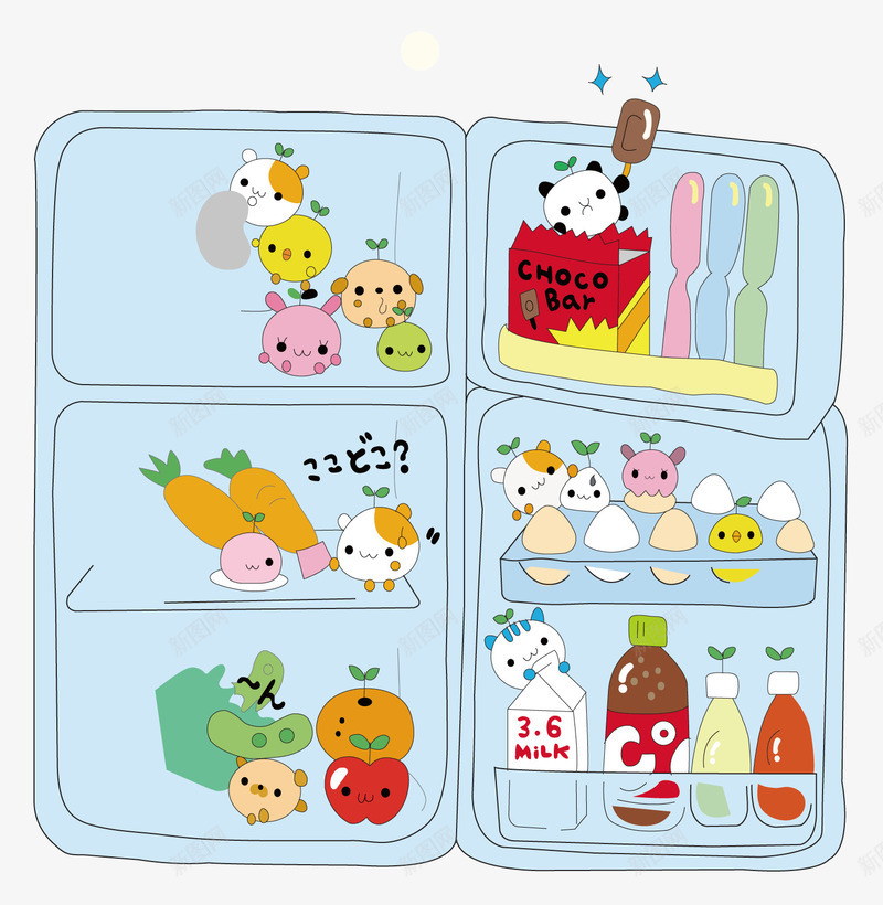 冰箱里的食物png免抠素材_88icon https://88icon.com 卡通 卡通动物 可爱 水果 电冰箱 食物 饮料 鸡蛋