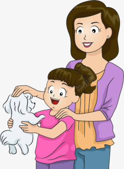 关爱母亲抱着狗狗开心的女孩高清图片