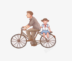 卡通手绘骑车的爸爸带着孩子素材