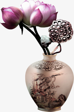 紫色中国风花瓶莲花装饰图案素材
