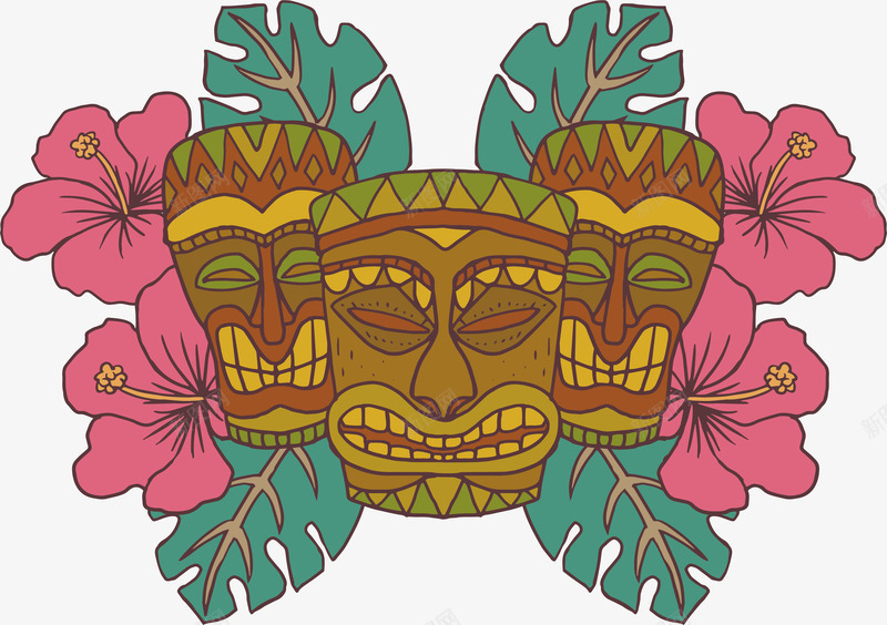 三张鬼脸面具海报png免抠素材_88icon https://88icon.com 夏日植物 海岛风情 玫红花朵 矢量png 面具 鬼脸面具