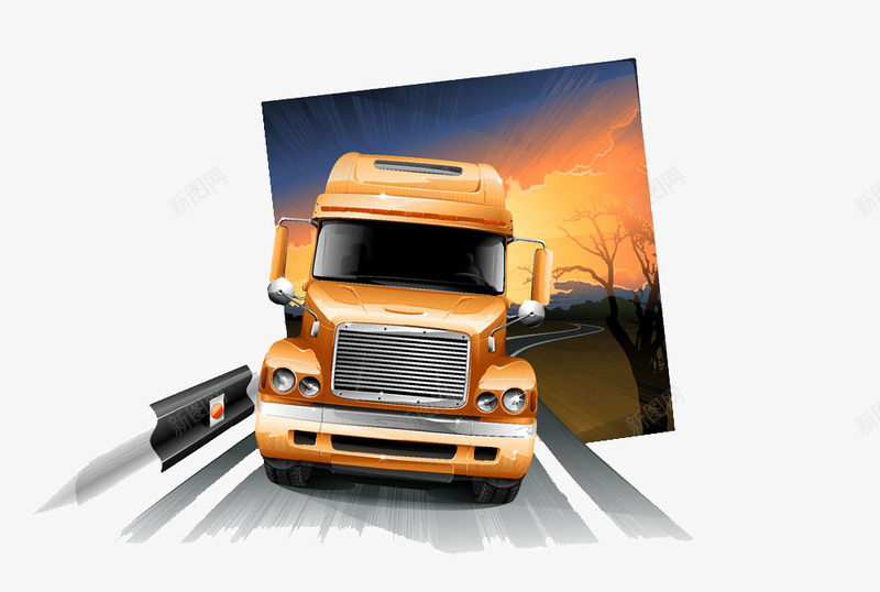 卡通手绘黄色卡车与照片png免抠素材_88icon https://88icon.com 交通工具 卡通手绘 黄色卡车与照片