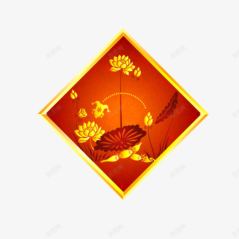 红色中国风节日装饰png免抠素材_88icon https://88icon.com 国风 方形红色 海报配景素材 节日 节日素材 莲花 金边 黄色