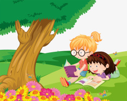 可爱卡通插图草地上读书的孩子们素材