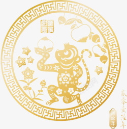 黄色中国风镂空窗子猴子花纹剪纸素材