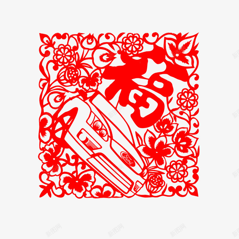 春节快乐png免抠素材_88icon https://88icon.com 剪纸 福 花 车