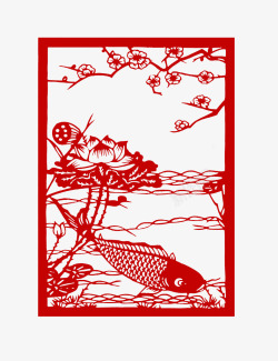 荷叶纹样红色鱼剪纸高清图片