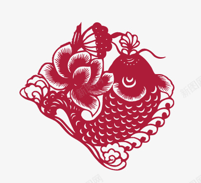 窗花png免抠素材_88icon https://88icon.com 中国风 剪纸 年年有鱼 窗花 莲花 鱼