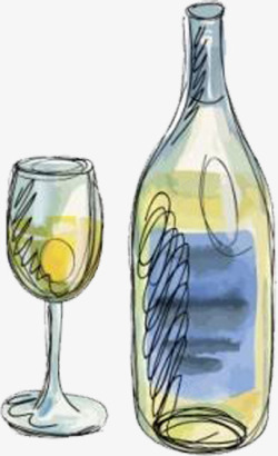 清新彩色手绘白酒瓶酒杯素材