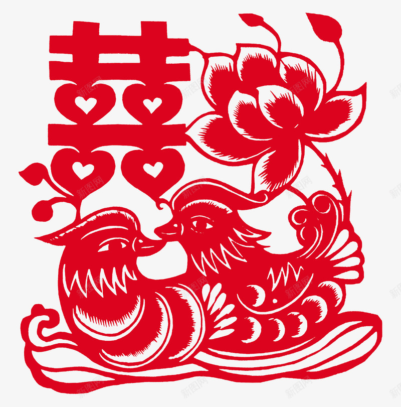 鸳鸯剪纸png免抠素材_88icon https://88icon.com 欢庆 红色 节日 装饰 鸳鸯