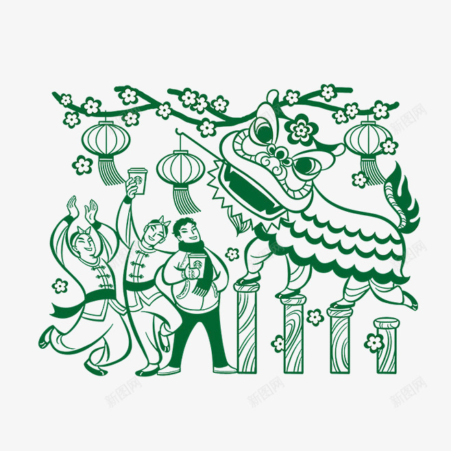 过新年绿色剪纸png免抠素材_88icon https://88icon.com 剪纸 新年 绿色 舞狮