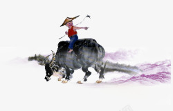 卡通手绘水墨骑牛的孩子素材