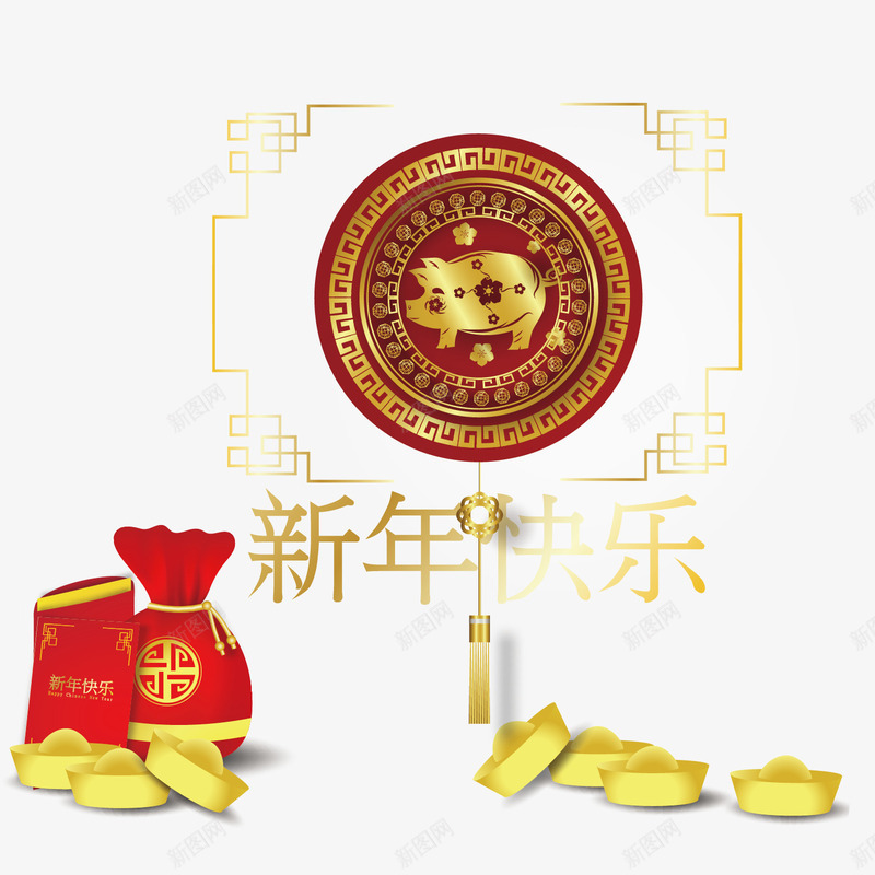 富贵金色金猪矢量图ai免抠素材_88icon https://88icon.com 2019 元宝 剪纸 圆形 富贵 新年 猪年 礼包 金色 金银 矢量图