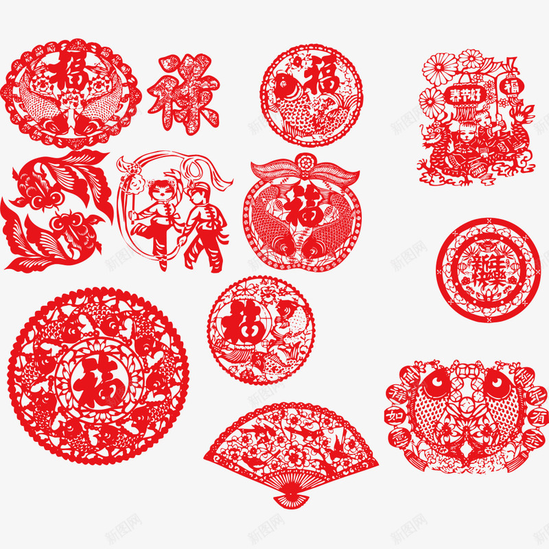 剪纸png免抠素材_88icon https://88icon.com 中国风 剪纸 剪纸艺术 扇子 新年 新春 灯笼 福 红色