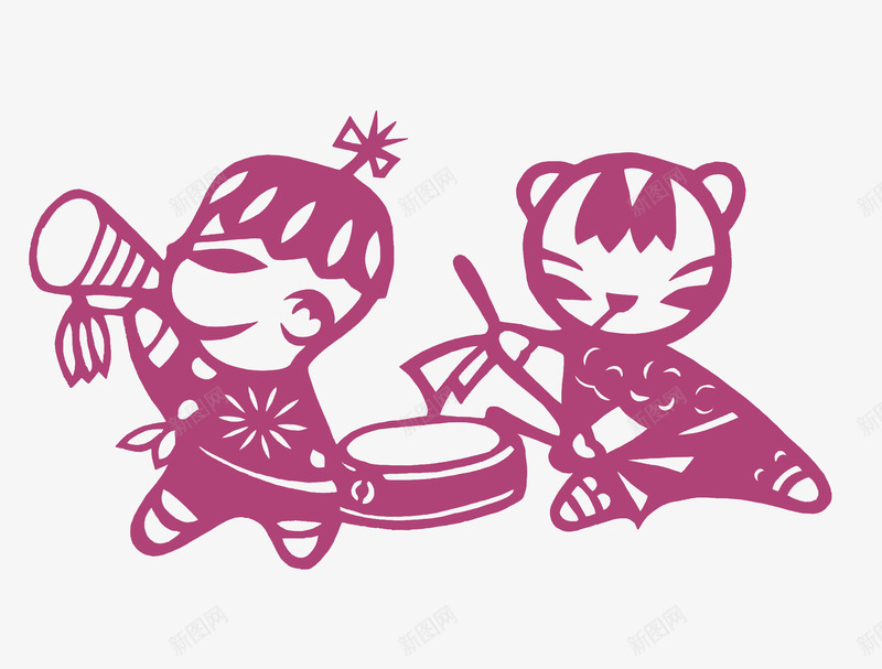 紫色民族剪纸娃娃在敲鼓png免抠素材_88icon https://88icon.com 中国传统 古乐器 少数民族 民族传统文化 紫色剪纸