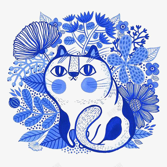 蓝色小猫png免抠素材_88icon https://88icon.com 创意插画 剪纸 植物 猫咪 蓝色