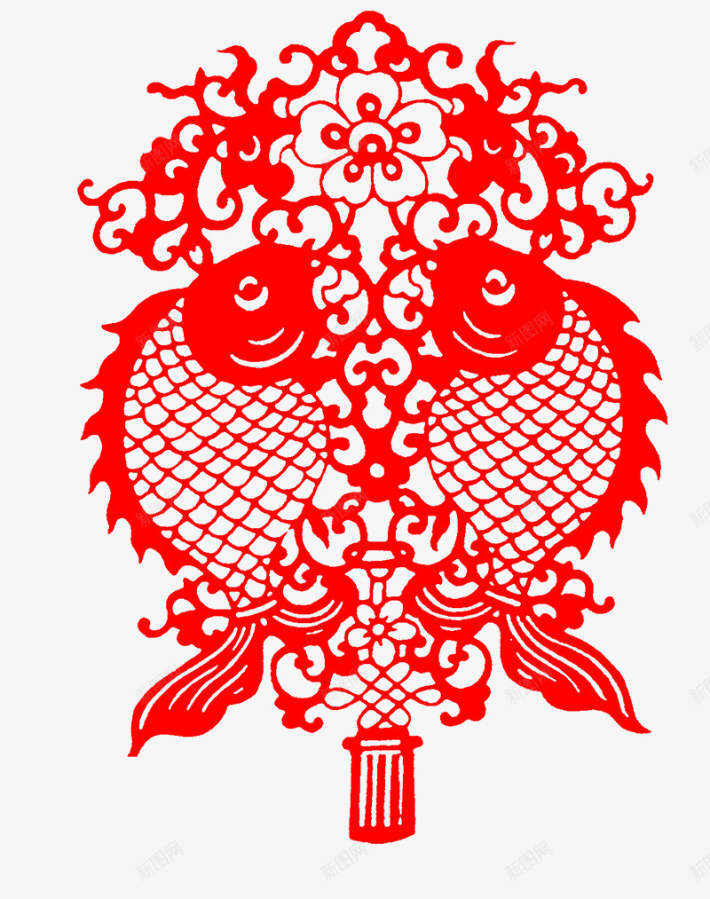 双鲤鱼剪纸psd免抠素材_88icon https://88icon.com 中国风 剪纸 红色 花朵 鲤鱼