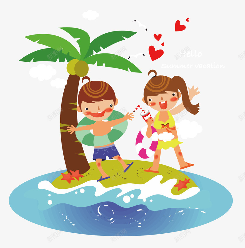 在小岛上的孩子矢量图ai免抠素材_88icon https://88icon.com 两个孩子 夏天 椰子树 绿色泳圈 蓝色的大海 黄色头发 矢量图