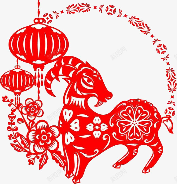 卡通中国风剪纸png免抠素材_88icon https://88icon.com 中国风剪纸 窗花 站立的山羊 红色的灯笼 花朵 花朵装饰