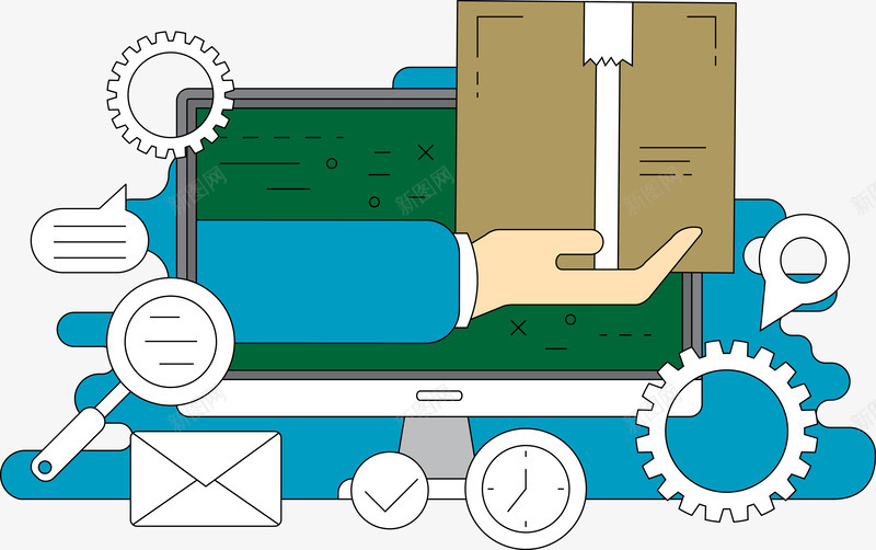 送货到家矢量图ai免抠素材_88icon https://88icon.com 卡通 搬货 电脑 纸箱 齿轮 矢量图