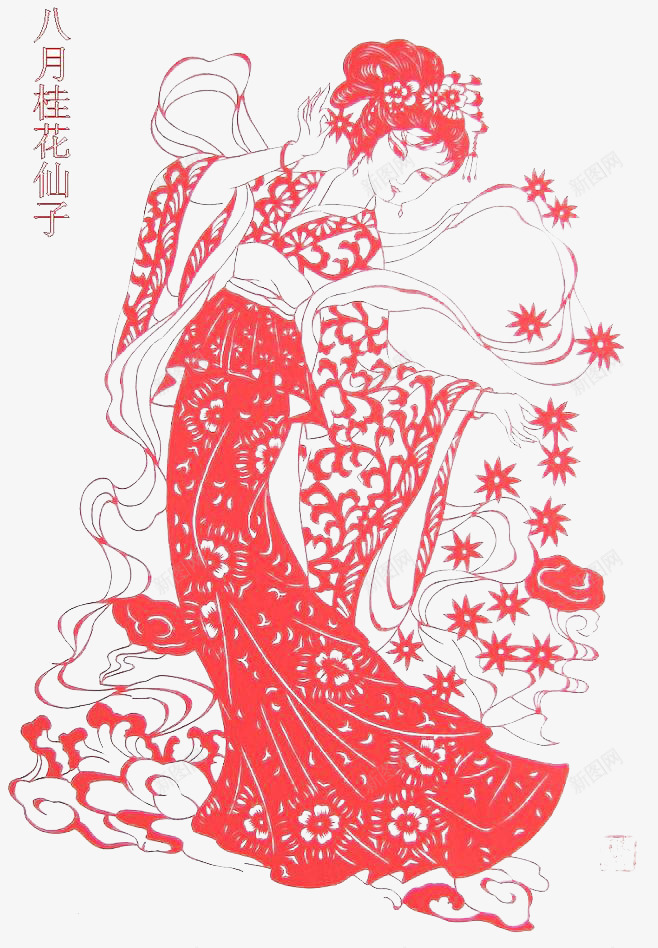 八月桂花仙子psd免抠素材_88icon https://88icon.com 中国文化 剪纸 桂花仙子 红色