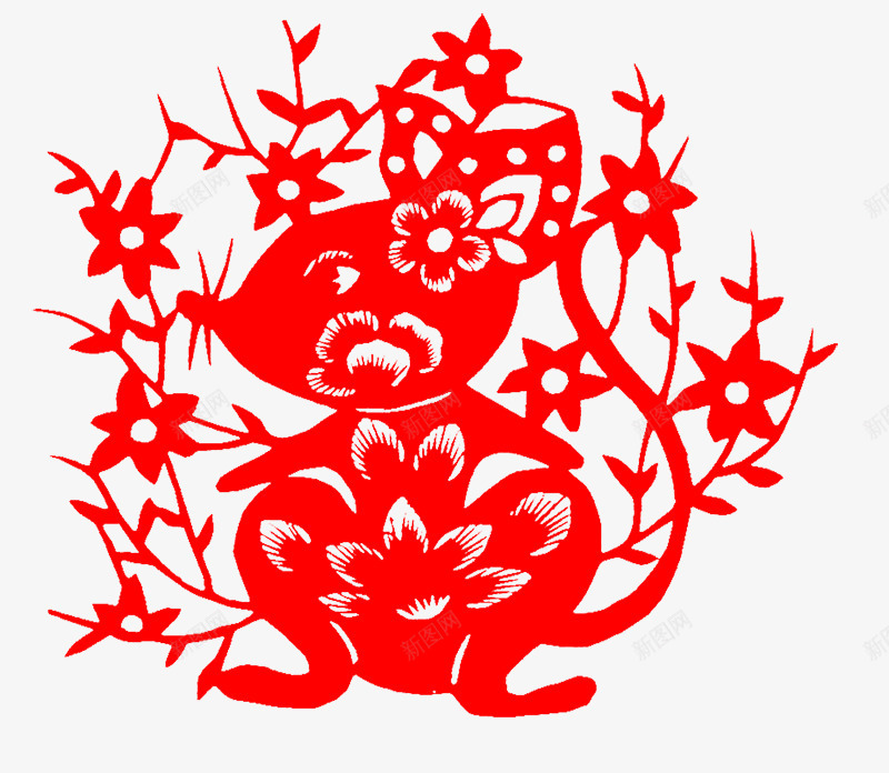 老鼠剪纸png免抠素材_88icon https://88icon.com 中国风 剪纸 红色 老鼠 花朵