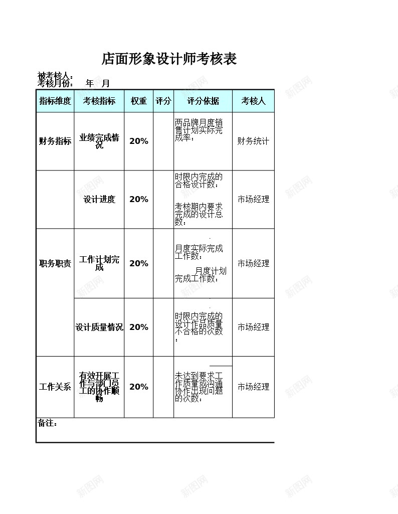 店面形象师考核表办公Excel_88icon https://88icon.com 店面 形象 形象设计 考核表 设计师
