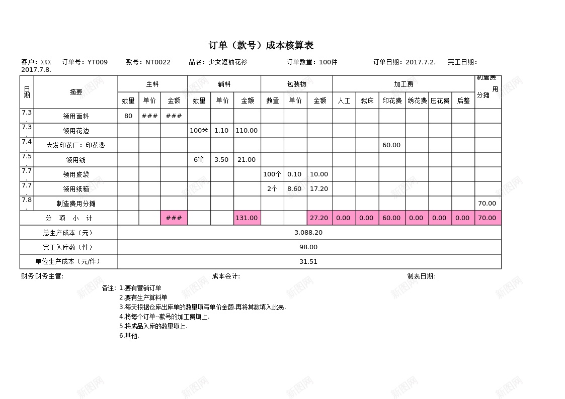 订单款号成本核算表办公Excel_88icon https://88icon.com 成本核算 款号 订单