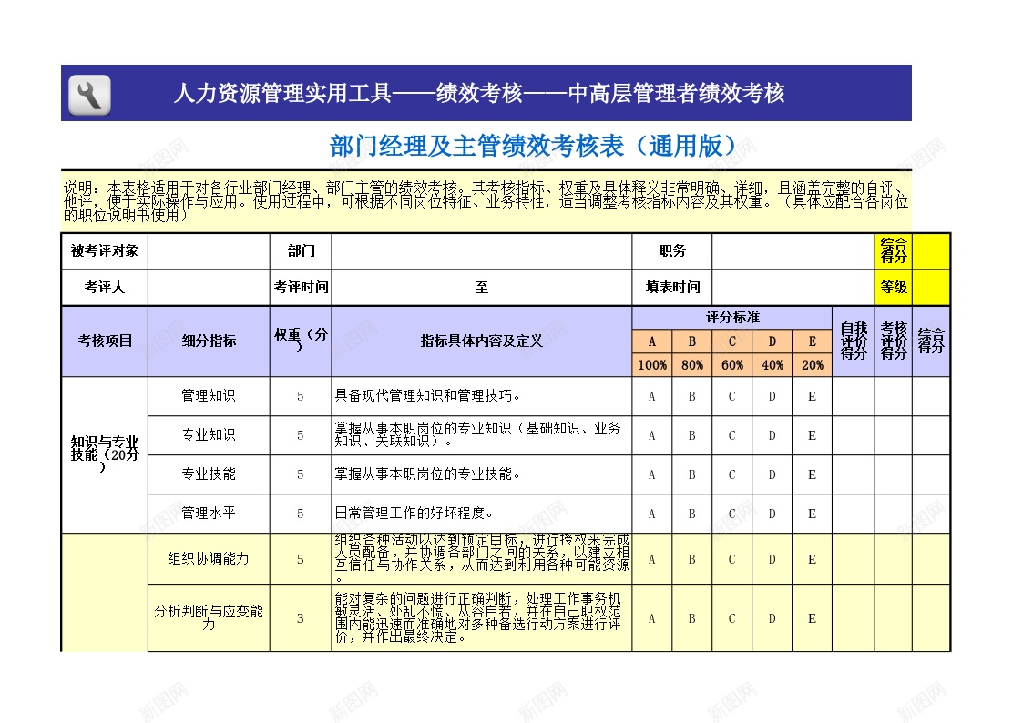 部门经理及主管绩效考核表通用办公Excel_88icon https://88icon.com 主管 经理 绩效 考核表 通用 部门