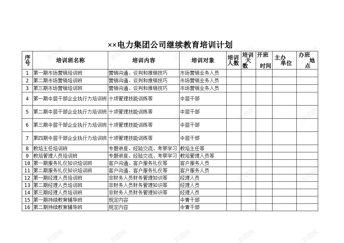 电力集团公司继续教育培训计划办公Excel_88icon https://88icon.com 培训计划 电力 继续教育 集团公司