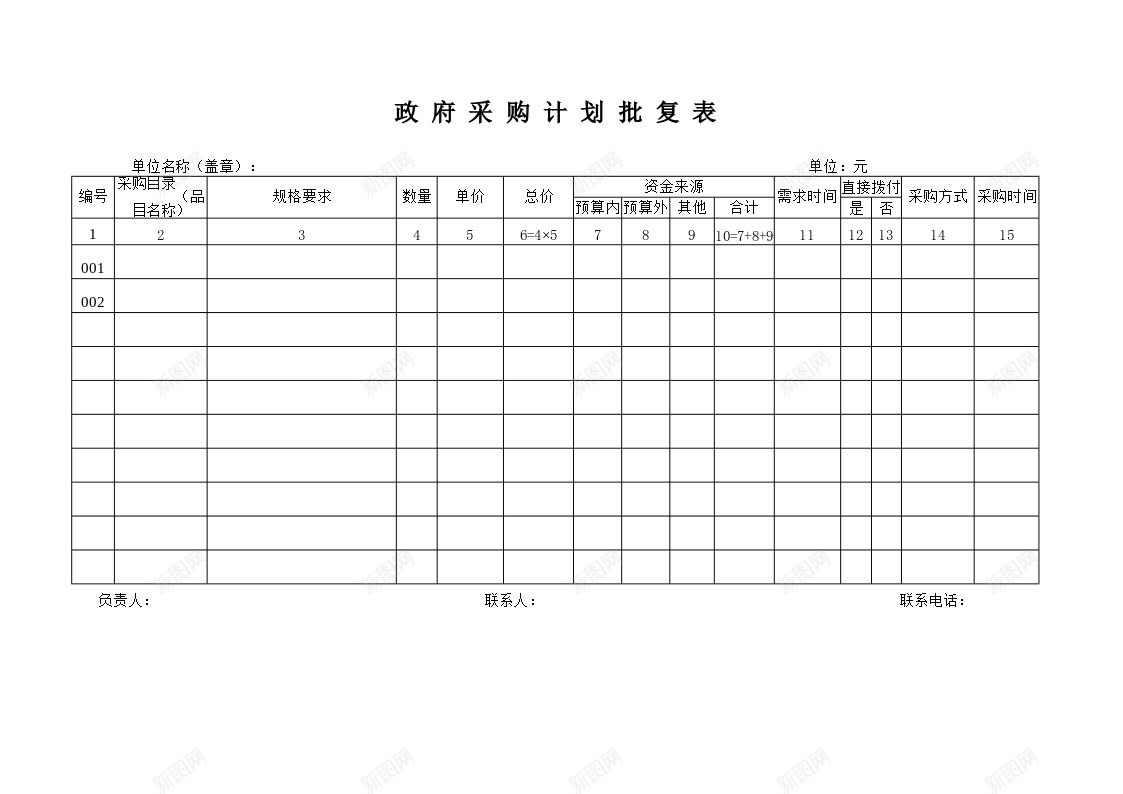 政府采购计划批复表办公Excel_88icon https://88icon.com 批复 政府采购 计划