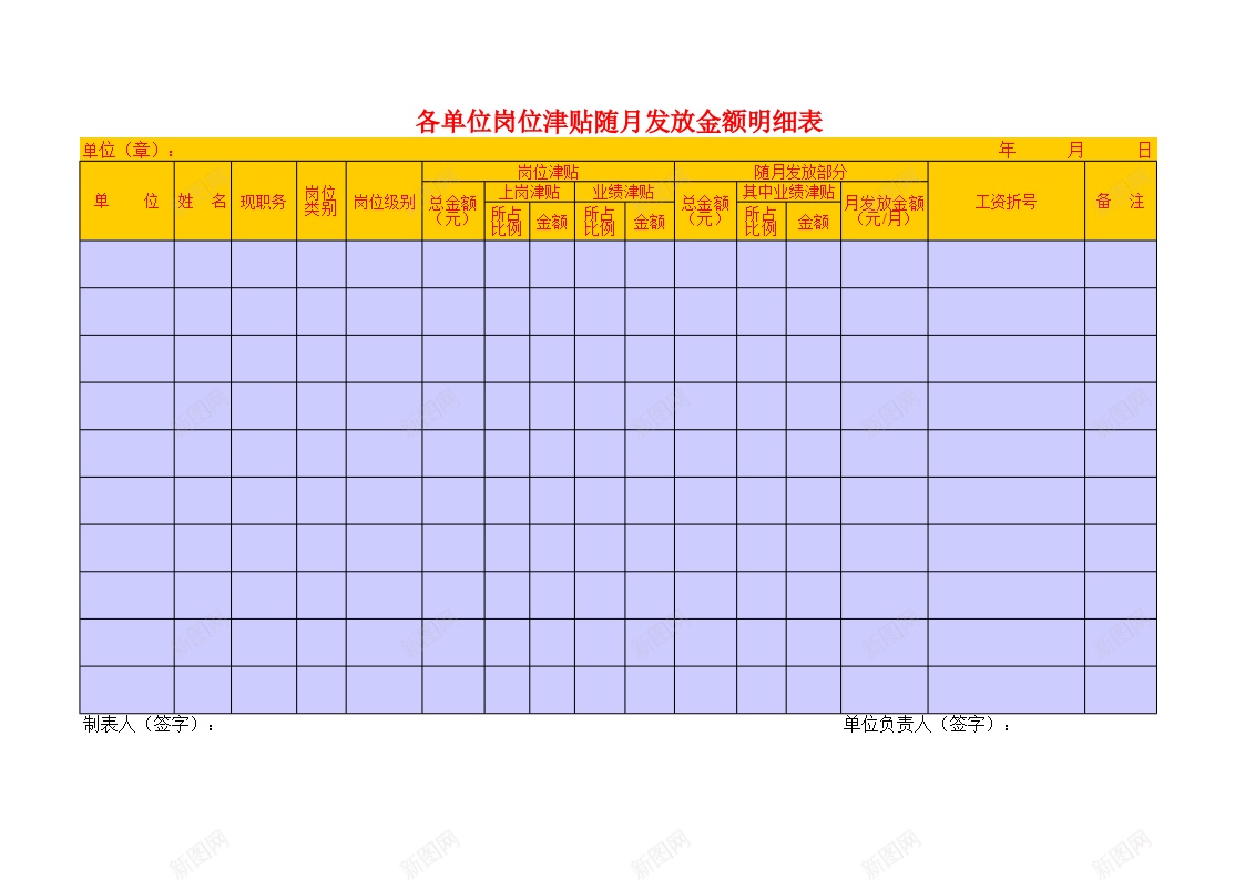 各单位岗位津贴随月发放金额明细表办公Excel_88icon https://88icon.com 发放 各单位 岗位 明细表 津贴 金额 随月