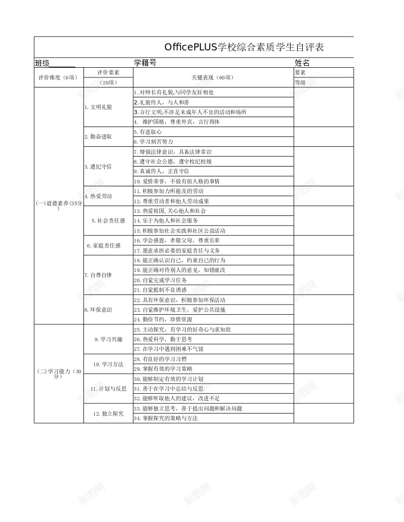 学生综合素质自评表Excel图表模板办公Excel_88icon https://88icon.com 图表 学生 模板 素质 综合 自评